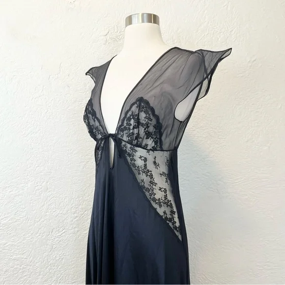 Vintage Sheer Black Mesh Satin Lingerie Nightgown Maxi Dress Goth Whimsigoth S/M - Picture 7 of 13